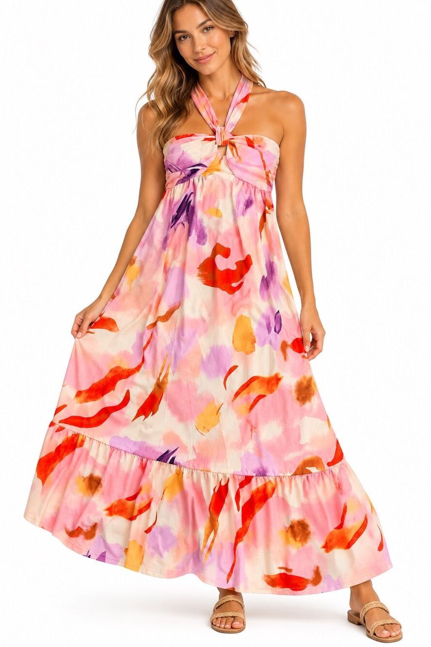 NWT Grace Karin Watercolor Floral Halter Flowy Maxi Dress Women’s Large New
